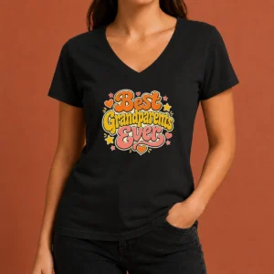 Pretty Best Grandparents Ever Groovy Retro V Neck Shirt in soft fabric with colorful retro design