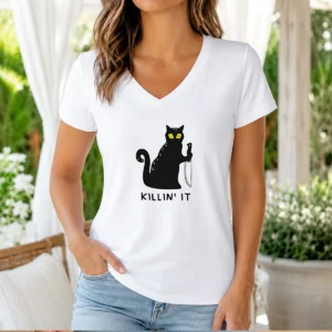 Pretty Black Cat Holding Knife Killin' It V-Neck Shirt
