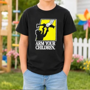 Pretty Black Cat With Gun Satire Arm Your Children Kids T Shirt featuring playful cat graphic on black short sleeve tee