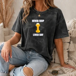 Official Never Skip Liver Day Beer X Dumbbell Gym Washed T Shirt in a soft cotton fabric with faded vintage look