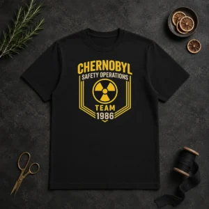 Original Chernobyl Safety Team 1986 Front And Back Printed Geek t shirt showing front and back print on a classic crew neck tee