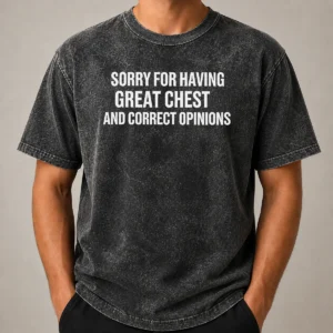 Pretty Nice Sorry For Having Great Chest And Correct Opinion washed t shirt in light grey fabric showing front print design