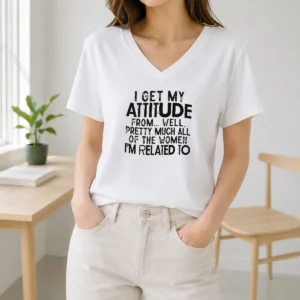 Premium I Get My Attitude From Pretty Much All Of The Women Im Related To Quote V Neck Shirt in soft fabric with short sleeves