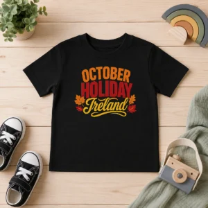 Premium October Holiday Ireland Cozy Fall Typography Vector Kids T Shirt featuring a soft cotton fabric and vibrant fall-themed design