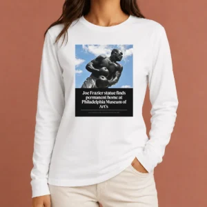 Top Joe Frazier Statue Finds Permanent Home At Philadelphia Museum Of Art'S long sleeve shirt featuring bold front graphic