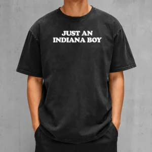Nice Just An Indiana Boy Hoosier Midwest Home State washed t shirt in faded black cotton fabric