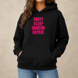 Awesome Party Sleep Bangtan Repeat Hoodie in black with front pocket and drawstring hood
