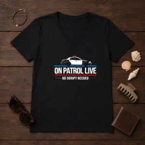 Awesome On Patrol Live Apparel Police Car No Script Needed V Neck Shirt in dark color with bold text design