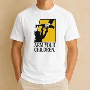 Good Black Cat Holding Submachine Gun And Hand Arm Your Children t shirt in black, short sleeve cotton tee with bold graphic