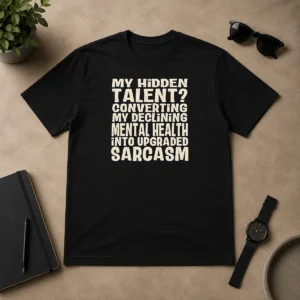Premium My Hidden Talent Converting My Declining Mental Health Into Upgraded Sarcasm t shirt in classic black, front view with bold white text