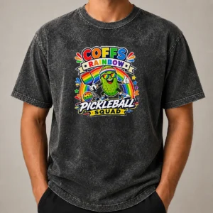 Nice Vibrant Coffs Rainbow Pickleball Enthusiast Washed T-Shirt