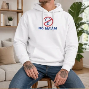 Good No Ma'Am Married With Children Al Bundy Hoodie in black with front graphic print, soft fabric, and adjustable drawstring hood