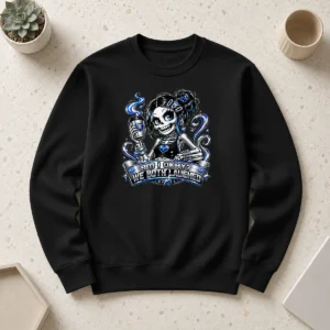 Happy Awesome Skeleton Girl Coffee Quote Y2K Sweater in soft fabric with ribbed cuffs and neckline