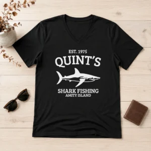 Pretty Quint'S Est 1975 Shark Fishing Amity Island Silhouette V-Neck Shirt