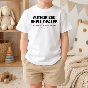 Nice Premium Duryea'S Authorized Shell Dealer Sign 66 Tuthill Road Montauk New York kids t shirt front view