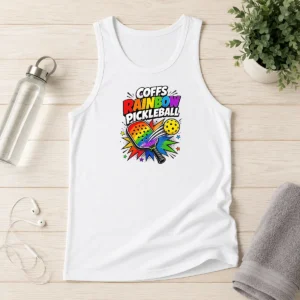 Good Coffs Rainbow Pickleball Comic For Active Athletes Tank Top in black, breathable fabric with colorful comic design