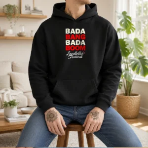 Pretty Lowellville Festival Bada Bang Bada Boom Hoodie in charcoal gray, front view with drawstring hood and kangaroo pocket