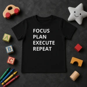 Hot Focus Plan Execute Repeat kids t shirt in blue, featuring bold white text design on front, short sleeves