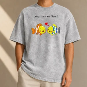 Funny Official Cute Fish Couple Long Time No Sea Pun Cartoon Illustration Animal Washed T-Shirt
