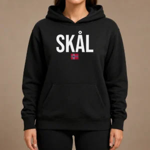 Original Hot Skal Norwegian Phrase Saying Gift Cheers In Norway Hoodie in charcoal gray with front pouch pocket and drawstring hood