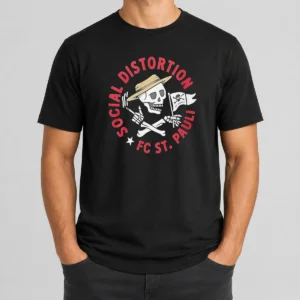 Top Premium Social Distortion FC St Pauli Skull With Straw Hat And Flag t shirt in black, short sleeve cotton tee