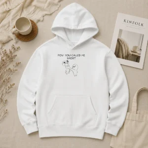Top Funny Pov You Called Me Short Cartoon Character Hoodie in black with front cartoon print and kangaroo pocket