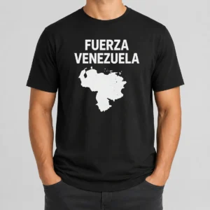 Hot Fuerza Venezuela Map t shirt in black, showing detailed Venezuela map graphic on front