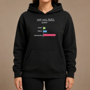 Pretty Hot What Gives People Power Money Status Mitochondria Hoodie in black, front view with kangaroo pocket and adjustable drawstring hood