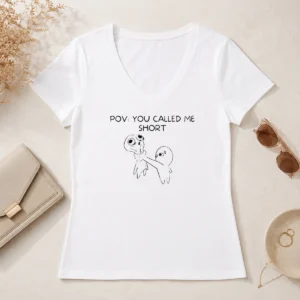 Top Funny Pov You Called Me Short Cartoon Character V Neck Shirt in black showing front print design