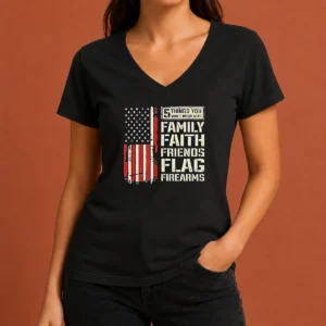 Original 5 Things You Don'T Mess With Family Faith Friends Flag Firearms V Neck Shirt in charcoal gray, short sleeve casual wear