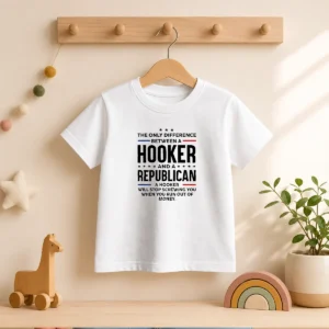 Funny The Only Difference Between A Hooker And A Republican Political Kids T Shirt featuring bold text on a comfortable cotton fabric