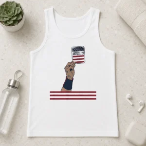 Perfect USA Article 27 Card Tank Top in white with bold blue and red graphic print