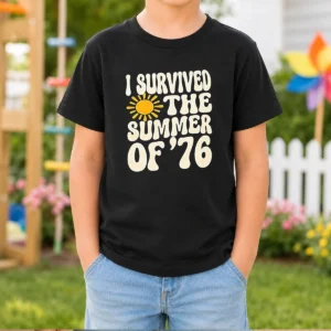 Pretty I Survived The Summer Of 76 1976 Vintage Kids T Shirt in white, short sleeve cotton tee for children