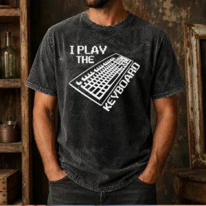 Original I Play The Keyboard Pixel Art Gamer Computer washed t shirt in soft, faded fabric with pixel art graphic
