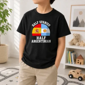 Official Half Spanish Half Argentinian Flags Kids T Shirt featuring vibrant dual flags print on a comfortable children's tee