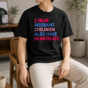 Awesome I Hear Migrant Children Also Have Heartbeats T Shirt in black, front view with bold white text