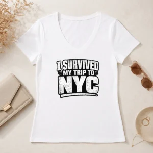 Funny Official I Survived My Trip To NYC Silhouette Humor V Neck Shirt in black with white text and NYC skyline silhouette