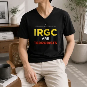 Premium Awesome IRGC Are Terrorists National Security State Threats Act 2026 V Neck Shirt in dark color, front view