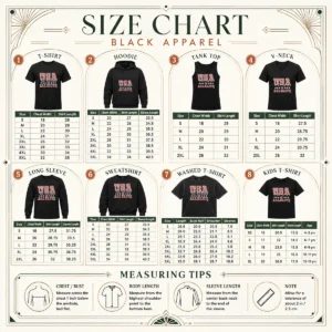 Size chart for Top USA Is All Elite AEW Wrestling Promotional Logo with measurements in inches and cm