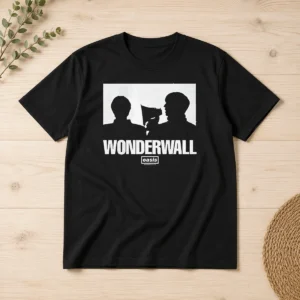 Official Wonderwall Oasis Silhouette t shirt featuring a classic crew neck and short sleeves in black