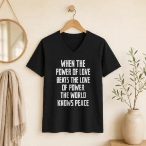 Good When The Power Of Love Beats The Love Of Power The World Knows Peace Pretty V Neck Shirt in soft fabric with a deep V neckline