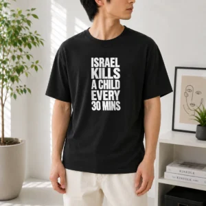 Top Israel Kills A Child Every 30 Mins Human Rights t shirt in black, short sleeve cotton tee with bold white text
