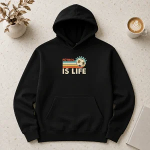 Official Futbol Is Life Football Vintage Hoodie in dark gray with front pocket and drawstring hood