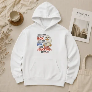 Original Duck I Don'T Think Inside The Box I Don'T Know Where The Fcking Box Is Coffee Hoodie in black, front view with kangaroo pocket and drawstring hood
