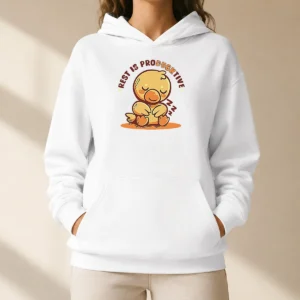 Official Resting Duck Rest Is Producktive Hoodie in black, cozy pullover with front pocket and drawstring hood