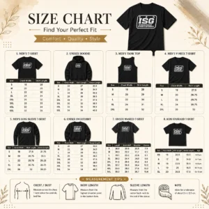 Size chart for Top ISG Intersection Of Sports And Gaming Podcast Fans And Media Collectors with measurements in inches and cm
