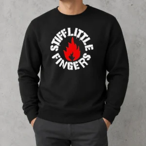 Pretty Stiff Little Fingers Circular Badge Logo With Flame Emblem Centered Inside Sweater in black, front view