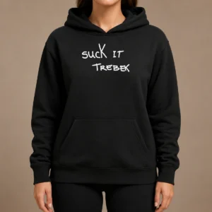Official Awesome Suck It Trebek Chalk Text Hoodie in black with bold white chalk-style text on front