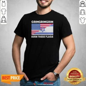Awesome United States Israel Flag Grimgrimgrim Burn These Flags shirt optimized showing front graphic design on a classic crew neck tee