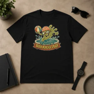 Nice Top Vintage Brain Muncher Splash Survivor t shirt in classic crew neck style with graphic print on front